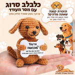כלבלב סרוג עם מסר מעודד – תמונת המוצר; הכרטיס המצורף באנגלית
