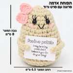 תפוחת אדמה סרוגה עם סרט ורוד – פרטים נוספים; הכרטיס המצורף באנגלית