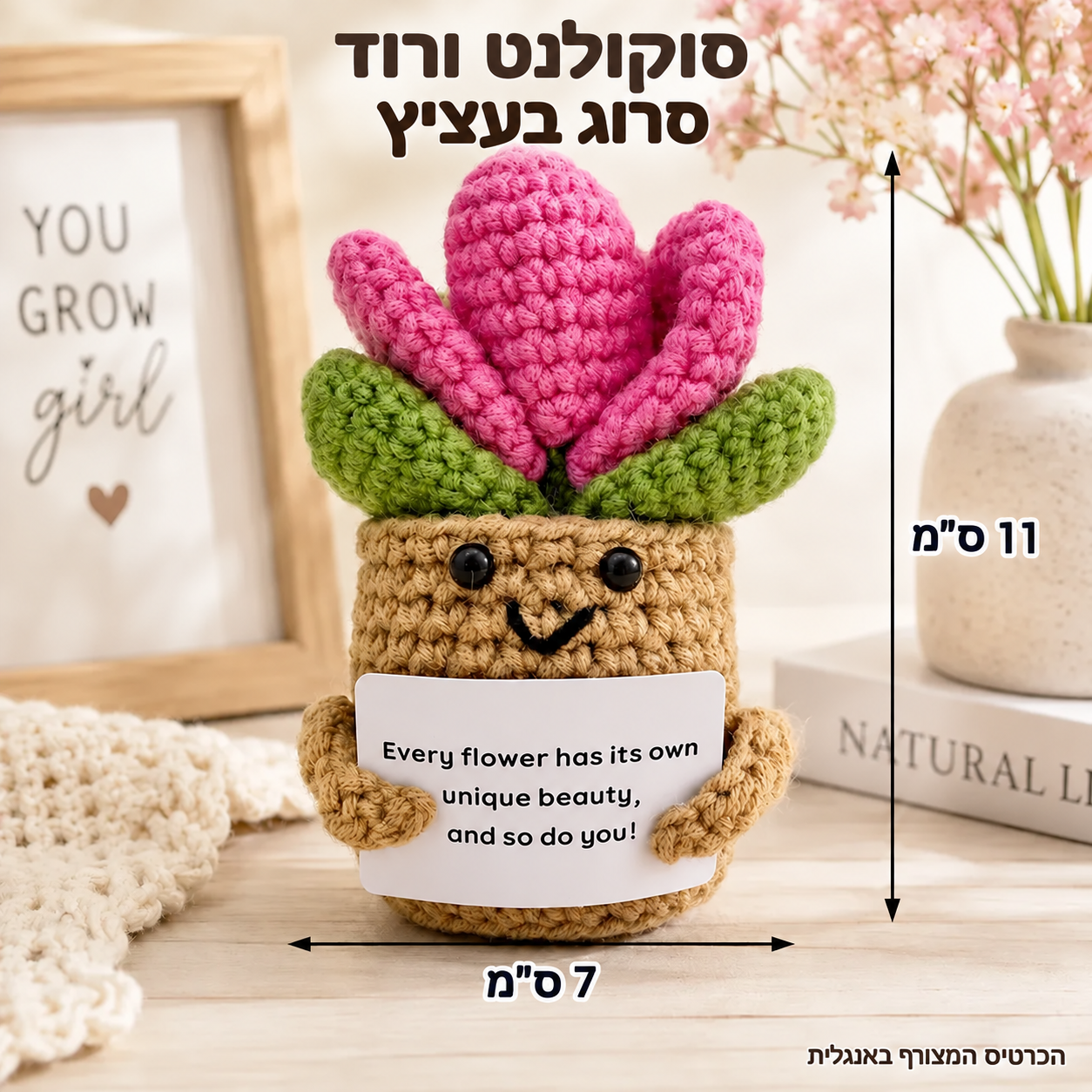 סוקולנט ורוד סרוג בעציץ – תמונת המוצר; הכרטיס המצורף באנגלית