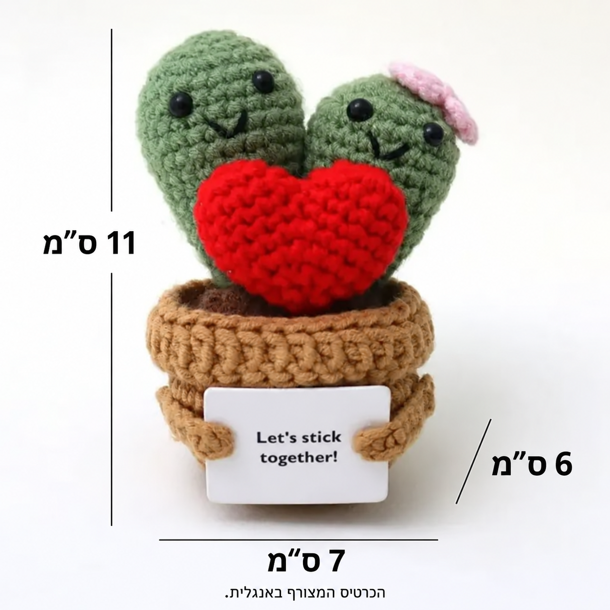 זוג קקטוסים סרוגים עם לב – פרטים נוספים; הכרטיס המצורף באנגלית