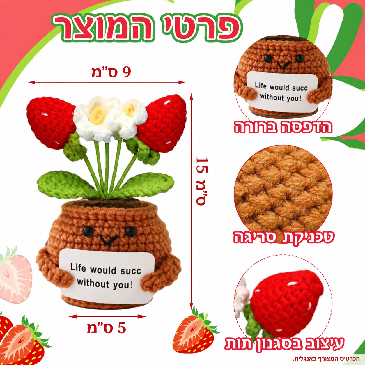 תותים ופרחים סרוגים בעציץ – תמונת המוצר; הכרטיס המצורף באנגלית