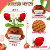 תותים ופרחים סרוגים בעציץ – תמונת המוצר; הכרטיס המצורף באנגלית