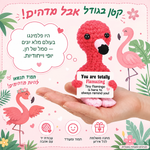 פלמינגו סרוג עם מסר חיובי – תמונת המוצר; הכרטיס המצורף באנגלית