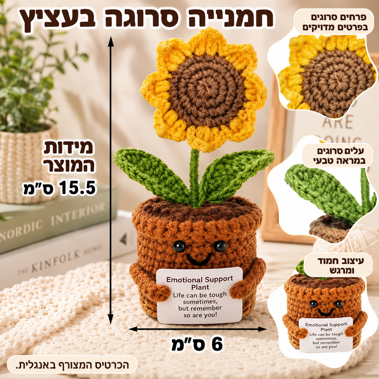 חמנייה סרוגה בעציץ – תמונת המוצר; הכרטיס המצורף באנגלית