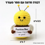 דבורה סרוגה עם מסר מעודד – פרטים נוספים; הכרטיס המצורף באנגלית