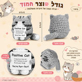 חתול אפור סרוג עם מסר חיובי – תמונת המוצר; הכרטיס המצורף באנגלית